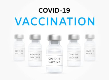 COVID-19 Aşılama Bayrağı. Aşı şişeleri sıraya dizildi ve ortadaki seçildi. Aşı Kampanyası Konsepti. Coronavirus Sars-Cov-2 salgınıyla mücadele. Gerçekçi 3d Vektör İllüstrasyonu