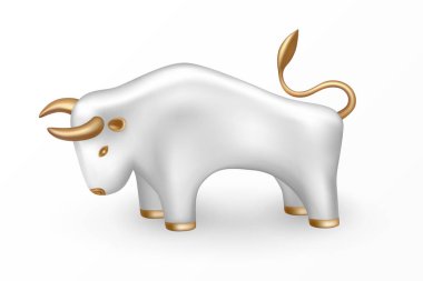 2021 yılının sembolü. Çin takviminde Ak Metal Boğa 'nın işareti. Altın parçalı izole edilmiş beyaz boğa. 3D simge ve logo. İnek ya da öküzün gerçekçi cam porselenleri. Vektör