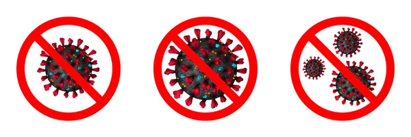 停止Coronavirus标志 Coronavirus Sars Cov 2警告 摘要用红色Stop标记剔除了Coronavirus菌株3D模型 与科维德19型病毒感染作斗争 矢量说明 — 图库矢量图片