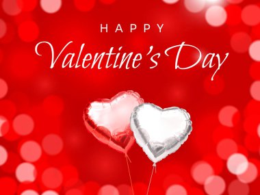 Sevgililer Günü tebrik kartın kutlu olsun. Bir çift kalp gümüş ve kırmızı folyodan yapılmış helyum balonları ve kırmızı bulanık bokeh arka planda tebrik metinleri. Gerçekçi şişirilmiş balonlar. Vektör