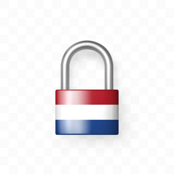 Bezpečný Uzavřený Visací Zámek Vyobrazením Vlajky Nizozemska Izolované Kostkovaném Pozadí — Stockový vektor