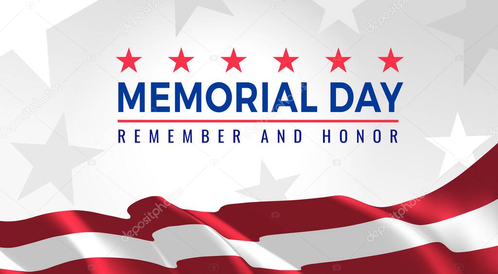 Memorial Day - Remember and Honor Poster. Usa memorial day celebration. American national holiday. Invitation template with red text and waving us flag on white background with stars. Vector