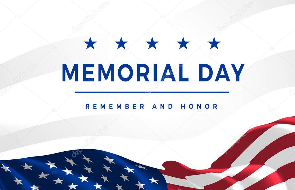 Memorial Day - Remember and Honor Poster. Usa memorial day celebration. American national holiday. Composition of beautiful waving US flag on white gradient background. Greeting card template. Vector
