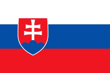 Slovakya resmi ulusal bayrağı. Slovakya Cumhuriyeti bayrağı, doğru orantı ve renkler. Üç eşit yatay çizgi: beyaz, mavi, kırmızı ve armalı. Düz simge. Doku haritası. Vektör