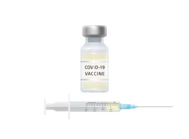 COVID-19 aşısı ve bir doz aşıyla birlikte şırınga. Beyaz arkaplandaki izole nesneler. Gerçekçi 3d vektör illüstrasyonu