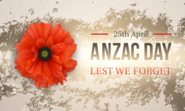 Aznac Günü - Unutmayalım diye. 25 Nisan 'da. Avustralya ve Yeni Zelanda 'nın ulusal bayramı. Gazilere haraç ve onur. Grunge arka planında Red Poppy olan klasik tebrik kartı. Vektör illüstrasyonu