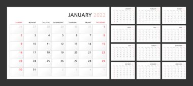 2022 yılının duvar takvimi şablonu klasik minimalist tarzda. Hafta pazar günü başlıyor. 12 aylık bir set. Şirket Planlama Şablonu. A4 biçimi yatay. Yazdırmaya hazırız. Vektör illüstrasyonu