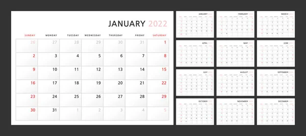 Wall Quartalskalender Vorlage Für 2022 Klassisch Minimalistischen Stil Die Woche — Stockvektor