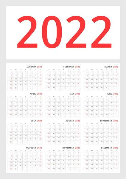 Väggkalendermall För 2022 Klassisk Minimalistisk Stil Veckan Börjar Söndag Månadskalender — Stock vektor