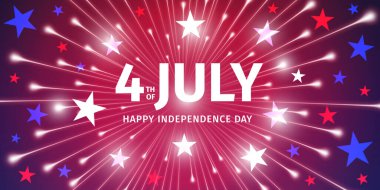 4 Temmuz. Birleşik Devletler 'in Bağımsızlık Günü kutlu olsun. Amerika 'nın vatansever renkleri ile kutlanan tasarım. Yıldızlı havai fişeklerin parlak arkaplanındaki mesajlar. Vektör illüstrasyonu