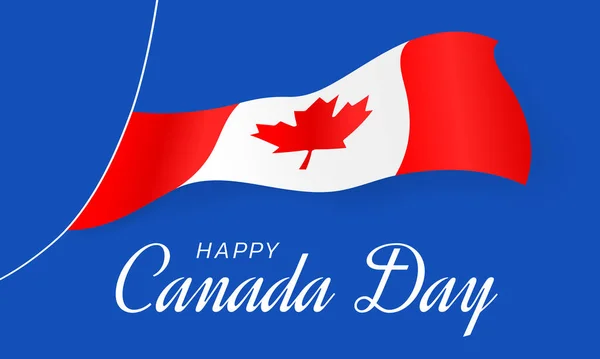 加拿大日快乐贺卡 大假期 加拿大国庆节 加拿大国旗在风中飘扬 飘扬在美丽的题词之上 与蓝色背景隔离 矢量说明 — 图库矢量图片