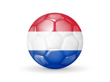 Hollanda ulusal bayrağı taşıyan 3D futbol topu. Hollanda milli futbol takımı konsepti. Beyazda izole edilmiş. Gerçekçi vektör illüstrasyonu