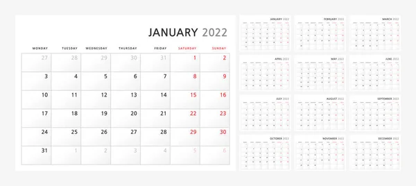 Vägg Kvartalsvis Kalender Mall För 2022 Klassisk Minimalistisk Stil Veckan — Stock vektor