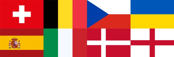参加2020年欧洲足球锦标赛的国家的国旗 四分之一决赛阶段 2020年欧洲 2021年欧洲 用火柴排序 收集在一个横幅上 — 图库矢量图片