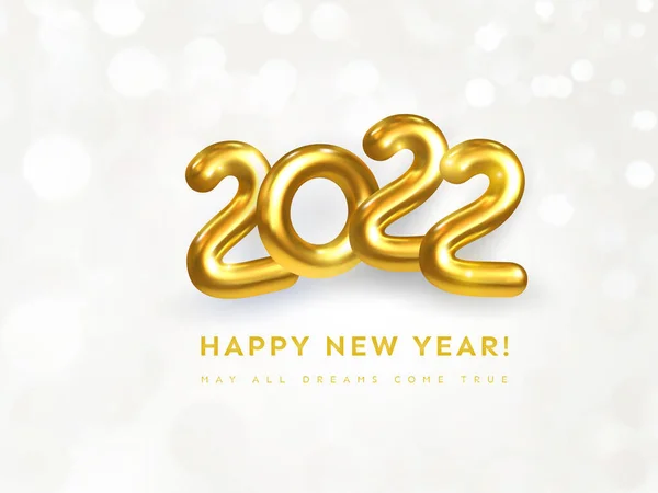 Mutlu yıllar 2022 tebrik kartı. 2022 'nin altın metalik rakamlarının beyaz arka planda Bokeh ile Noel kompozisyonu. Gerçekçi 3D altın figürler. Vektör illüstrasyonu