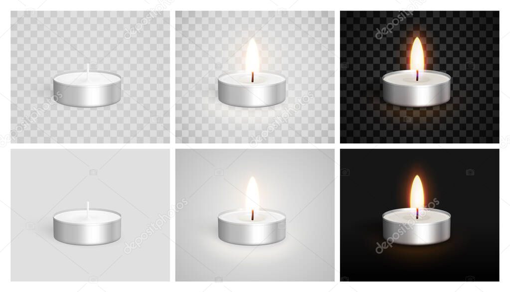 Set of realistic candles in a case. Tea lights. Unlit, Burning on a light and dark background. Candle icon set closeup isolated on a transparency grid background. Design template. Realistic 3d vector