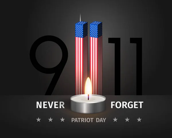 11美国爱国者日海报 永远不要忘记2001年9月11日 美国爱国者日的概念图解 双塔像一面美国国旗 挂在黑色的墙上 点着燃烧着的蜡烛 3D病媒 — 图库矢量图片