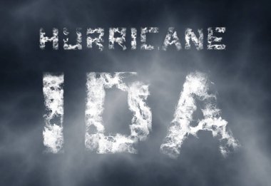 Ida Kasırgası. Korkutucu uyarı posteri. Doğal afet illüstrasyonu. Koyu bulutlu bir gökyüzünün arka planına beyaz bulutlu harfler kazınmış. 3 boyutlu görselleştirme. 3d hazırlayıcı