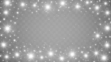 Parlayan yıldızlarla parıldayan sihirli bir çerçeve. Şeffaf bir arkaplanda parlak parçacıklar. Tasarımınla harmanlamak için kullan. Mutlu yıllar, Noel, Yeni Yıl, Tatil Olayları şablonu. Vektör