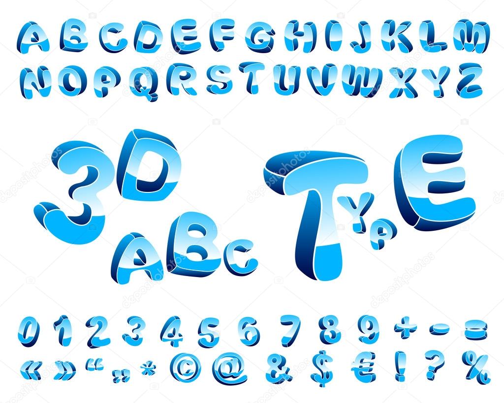 Cartoon alphabet of three-dimensional letters of different orientation in space.