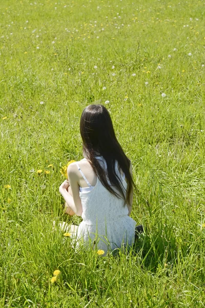 Donna seduta sul prato, vista posteriore — Foto Stock