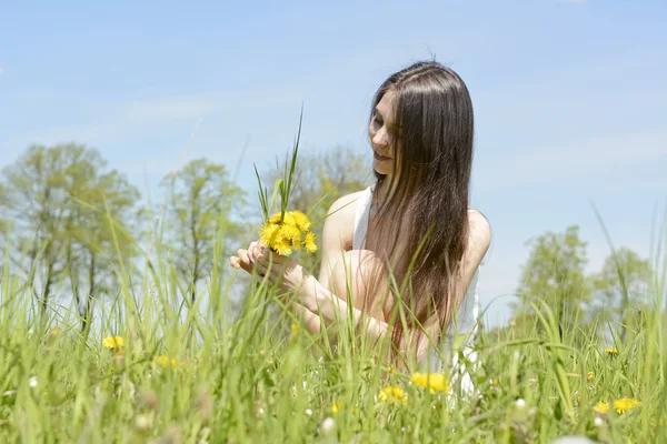 Donna raccogliendo denti di leone — Foto Stock