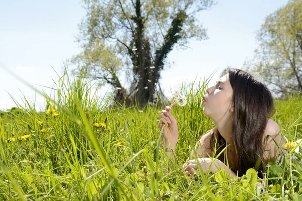 Donna che soffia dente di leone — Foto Stock