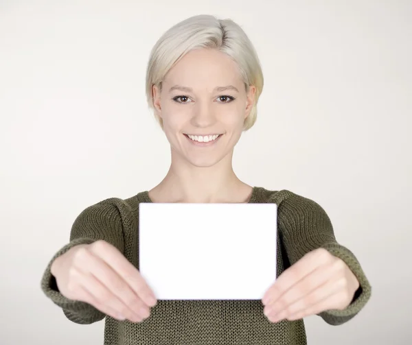 Woman with business card — Stock Photo, Image