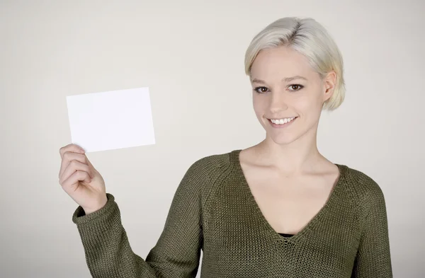 Woman with business card — Stock Photo, Image