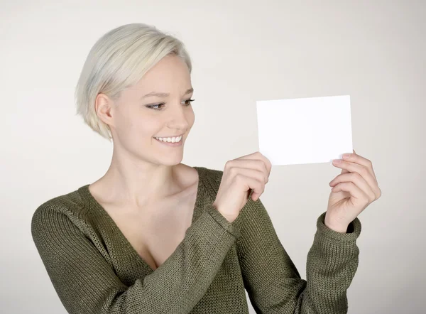 Woman with business card — Stock Photo, Image