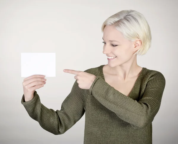 Woman with business card — Stock Photo, Image