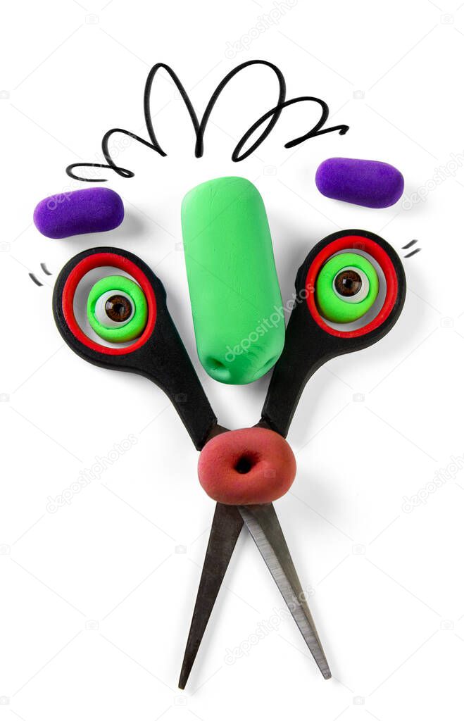 Animated scissors with plasticine objects eyes and nose