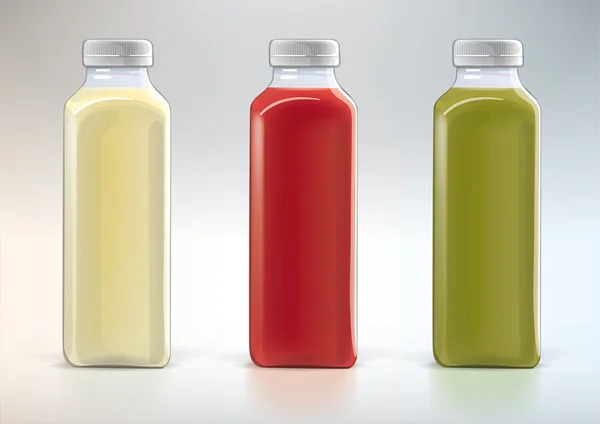 Realistic Juice Bottles. 3D Glass Jars with, Vectors