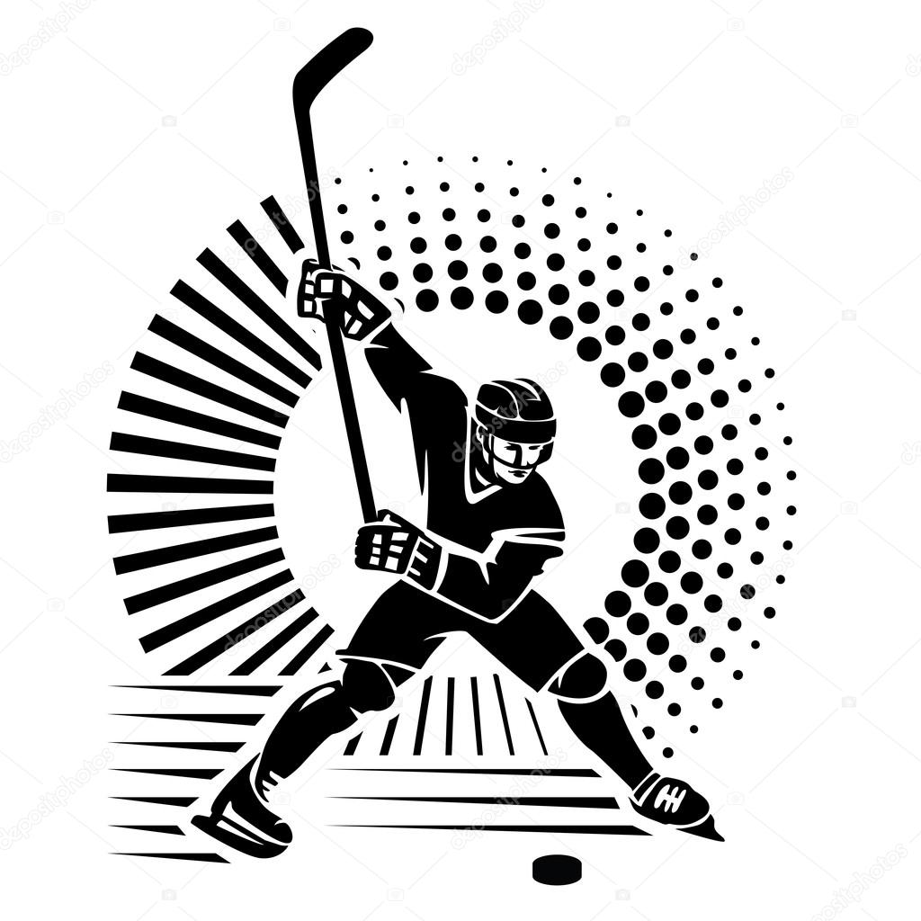 Hockey player. Vector illustration in the engraving style