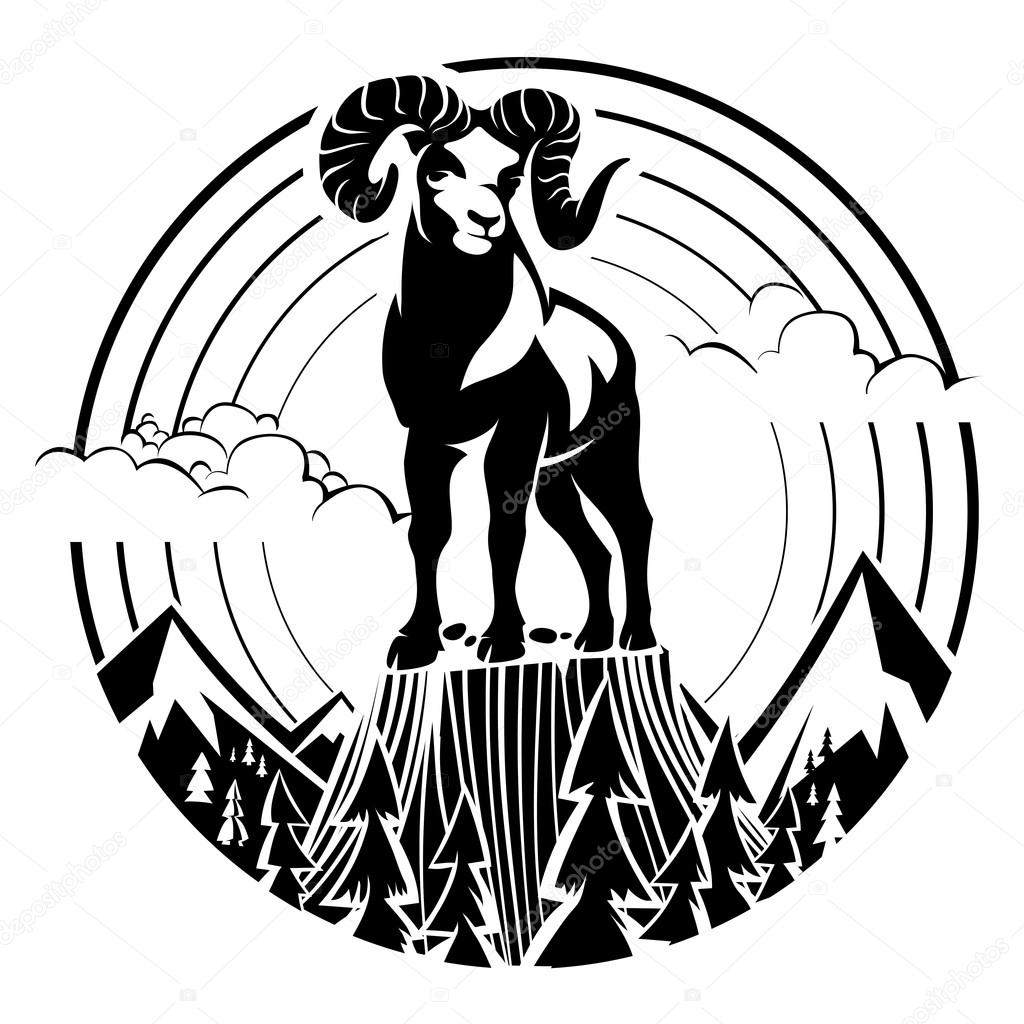 Mountain bighorn sheep. Vector illustration in the engraving style