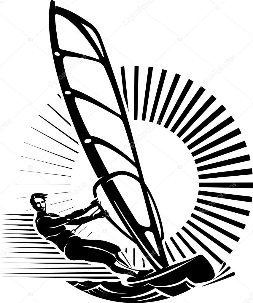 Windsurfing. Vector illustration in the engraving style