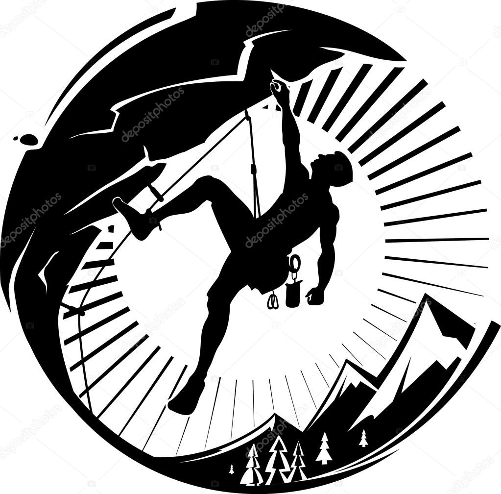 Rock climber at sunset. Vector illustration in the engraving style