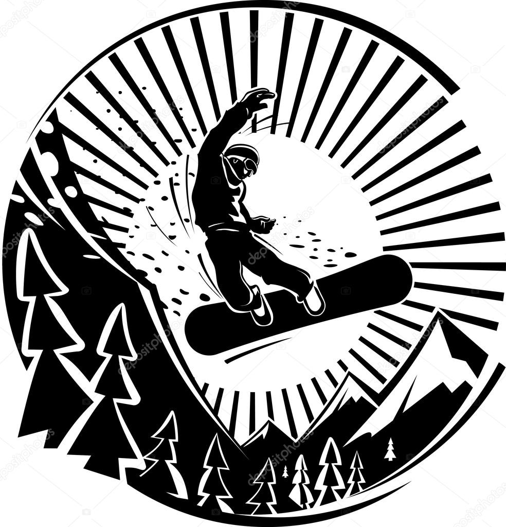 Snowboard jumping in mountains. Vector illustration in the engraving style