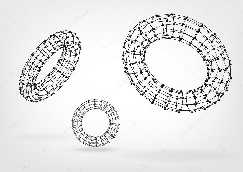 Composition of wireframe elements in the form of torus with vertices in different perspective