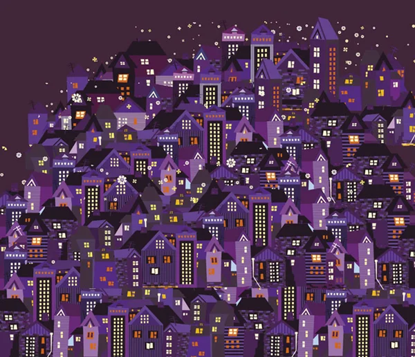 Noční město s domy kreslený — Stockový vektor