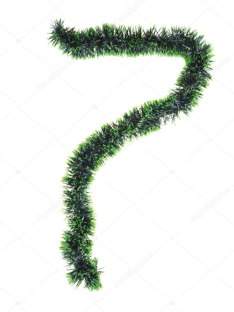 numeral from green Christmas tree decorations on a white background