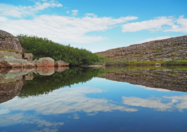 Reflexão no lago. A costa do Mar de Barents — Fotografia de Stock