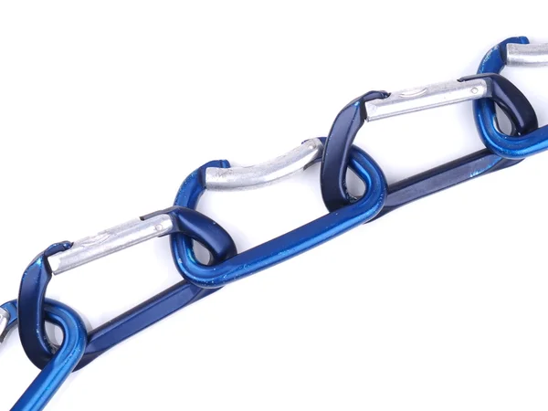 Blauw karabiners klimmen op een witte achtergrond — Stockfoto