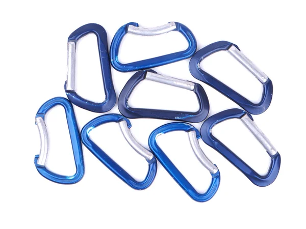 Blue climbing carabiners on a white background — Stock Photo, Image