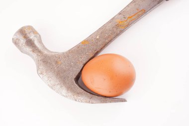 Beyaz arka planda metal çekiç ve yumurta.