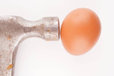 Beyaz arka planda metal çekiç ve yumurta.