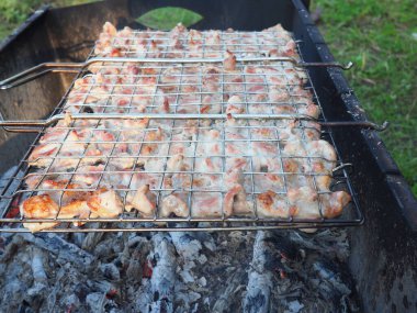 Metal bir ızgaradaki kebap ateşin üzerinde pişiyor.