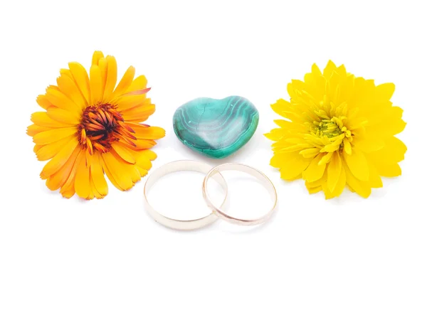 Wedding rings, malachite heart and calendula on white background — Stock Photo, Image