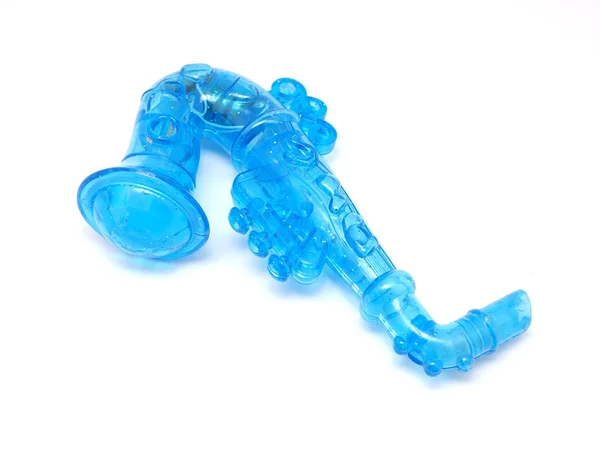 白い背景に青いおもちゃのサックス — ストック写真