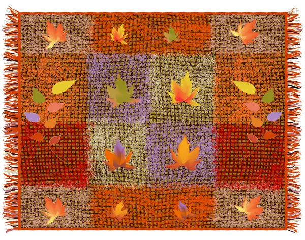 Tejer alfombra de rayas grunge y variopinto a cuadros con apliques de hojas abstractas y flecos — Archivo Imágenes Vectoriales